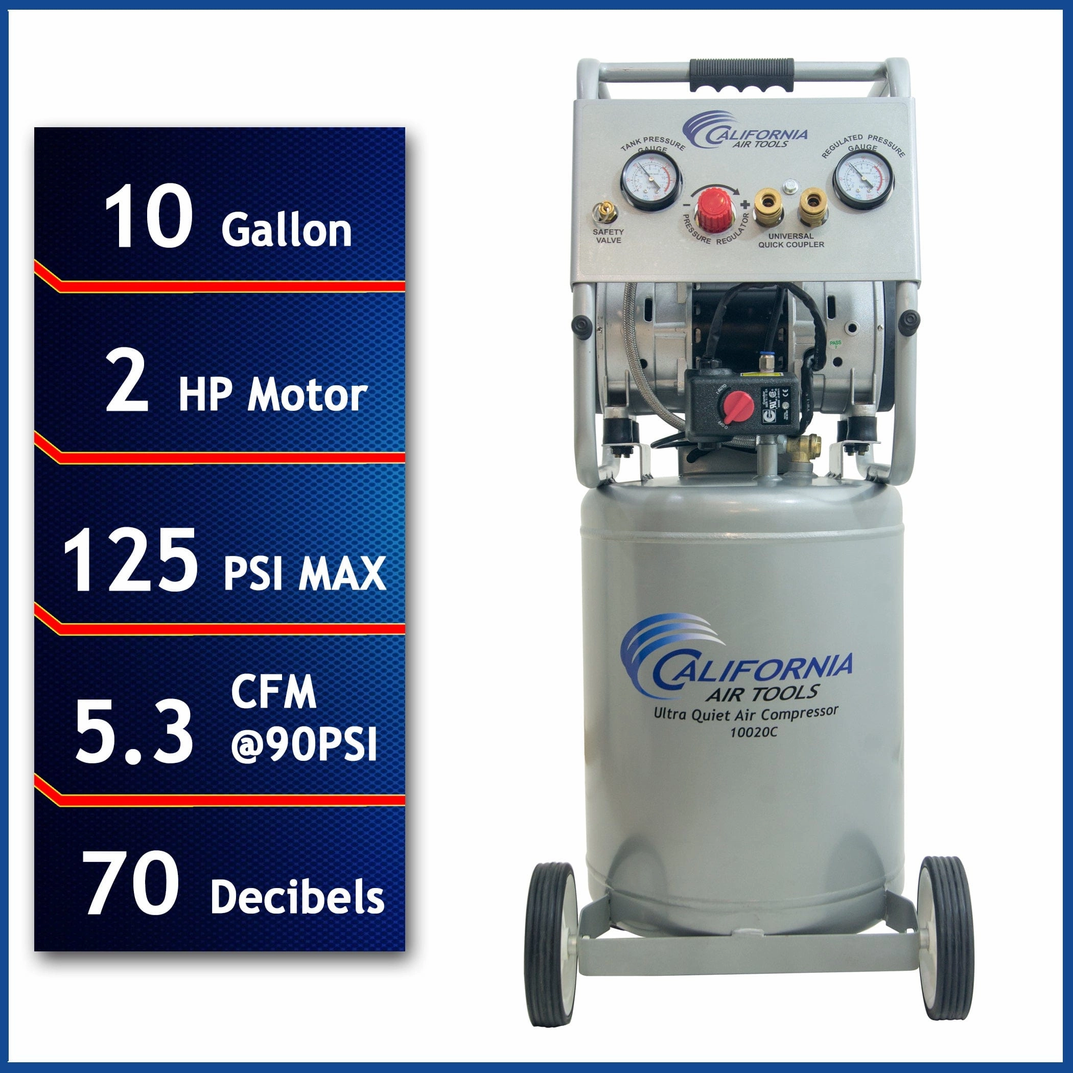 2HP 10 Gallon Oil-Free Steel Tank Air Compressor with Auto Drain Valve