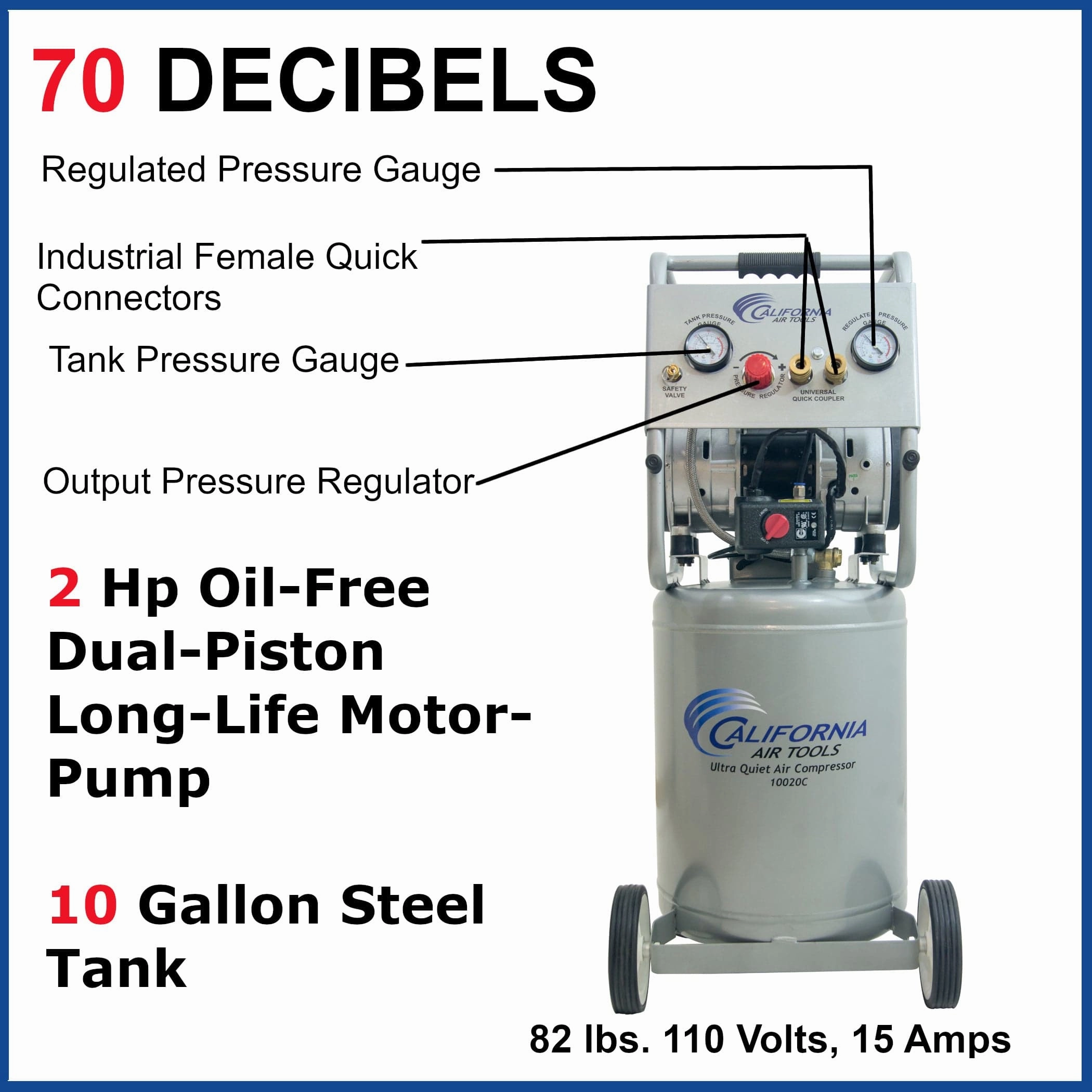 2HP 10 Gallon Oil-Free Steel Tank Air Compressor with Auto Drain Valve