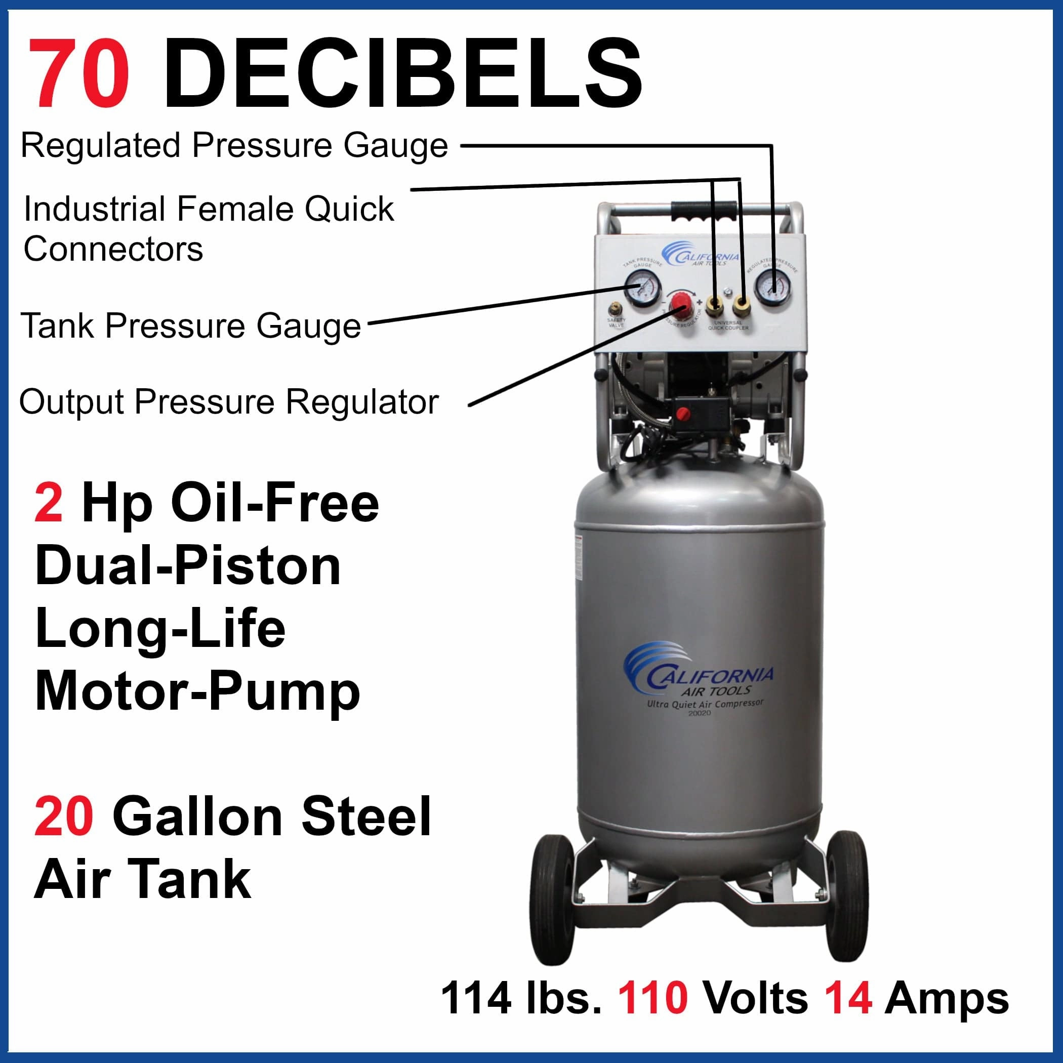 2HP 20 Gallon Oil-Free Steel Tank Air Compressor