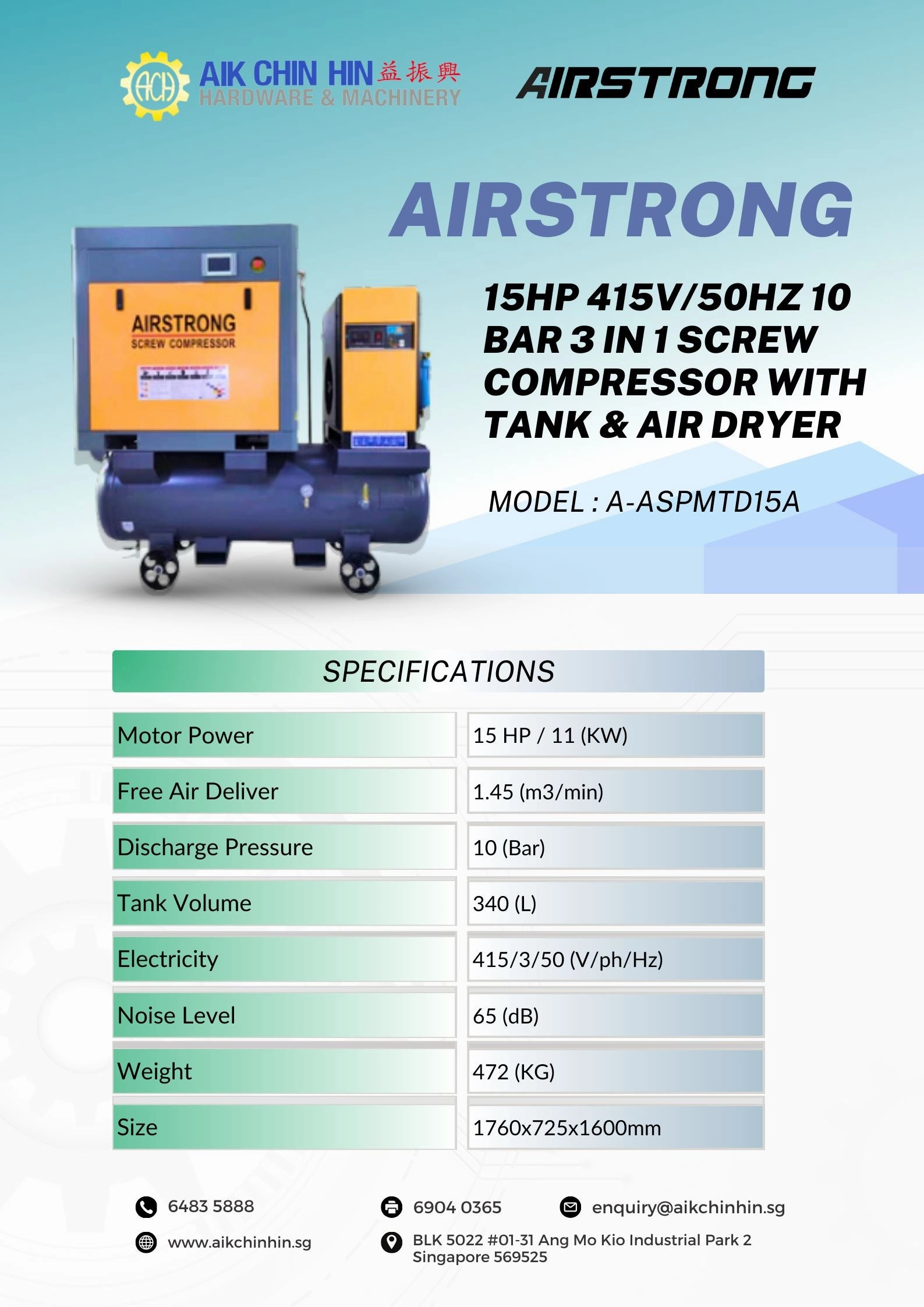 Airstrong 15HP 415V/50Hz 10 Bar 3 in 1 Screw Compressor with Tank & Air Dryer | Model : A-ASPMTD15A