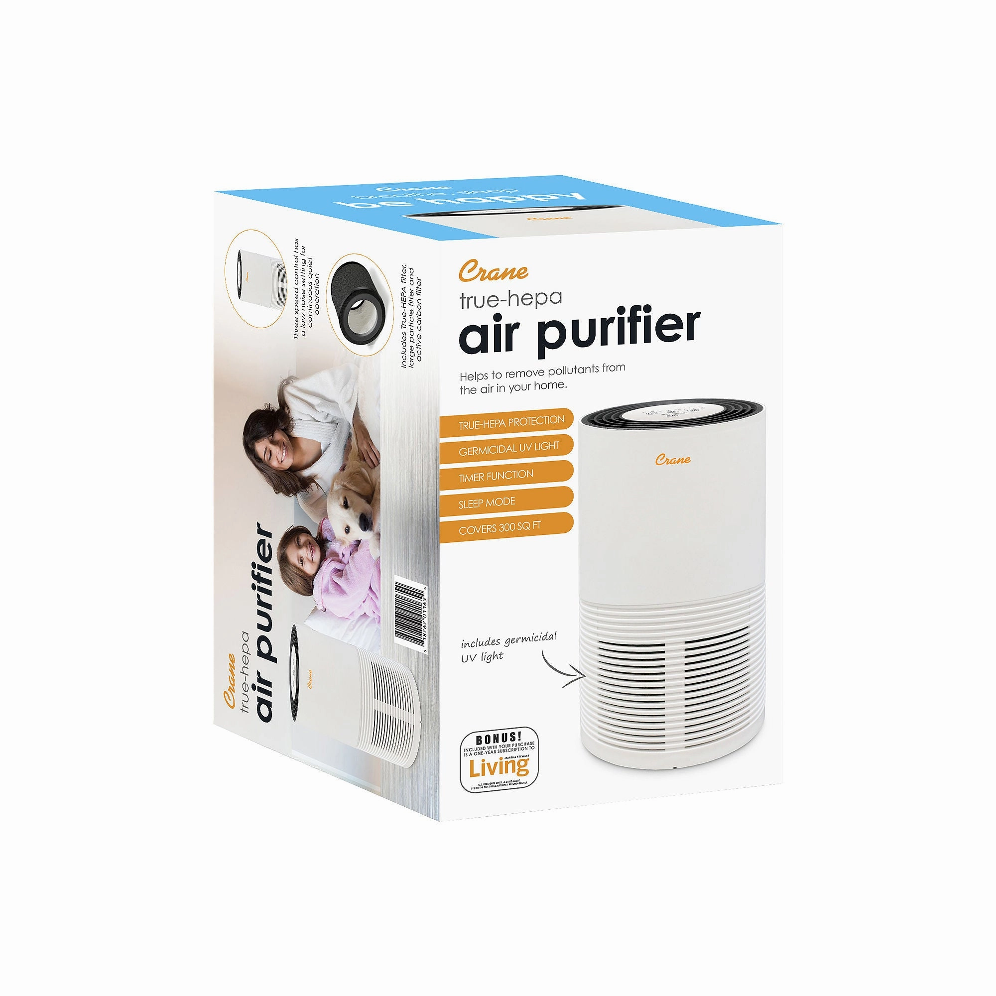 Crane True Hepa Air Purifier With Germicidal Uv Light, 300 Sq Ft. Coverage, Premium EE-5068 - WHITE ONE SIZE