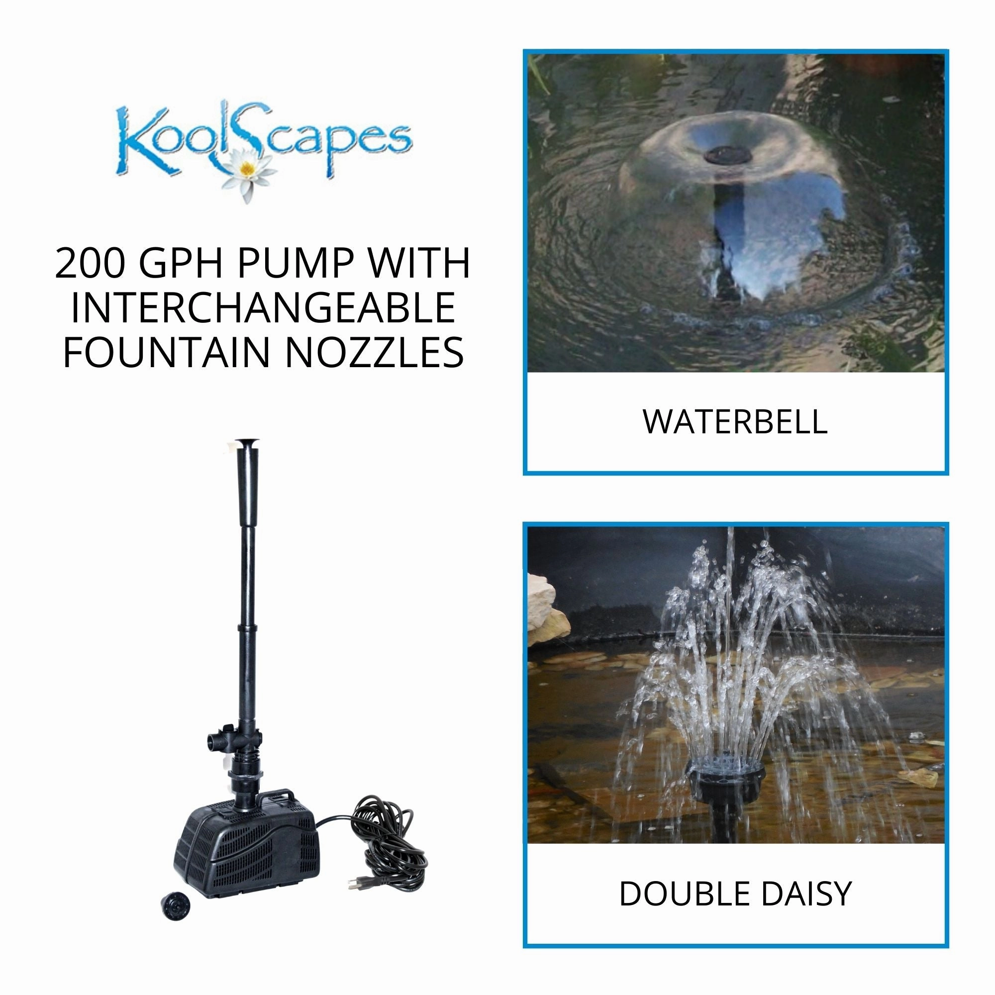 Koolscapes 200 GPH Filter-Free Pond Pump with Water Bell and Double Daisy Fountain Nozzles, Submersible Pump Kit for Garden Water Feature, Backyard Koi Ponds, Hydroponics, Aquaponics, Fish Tank