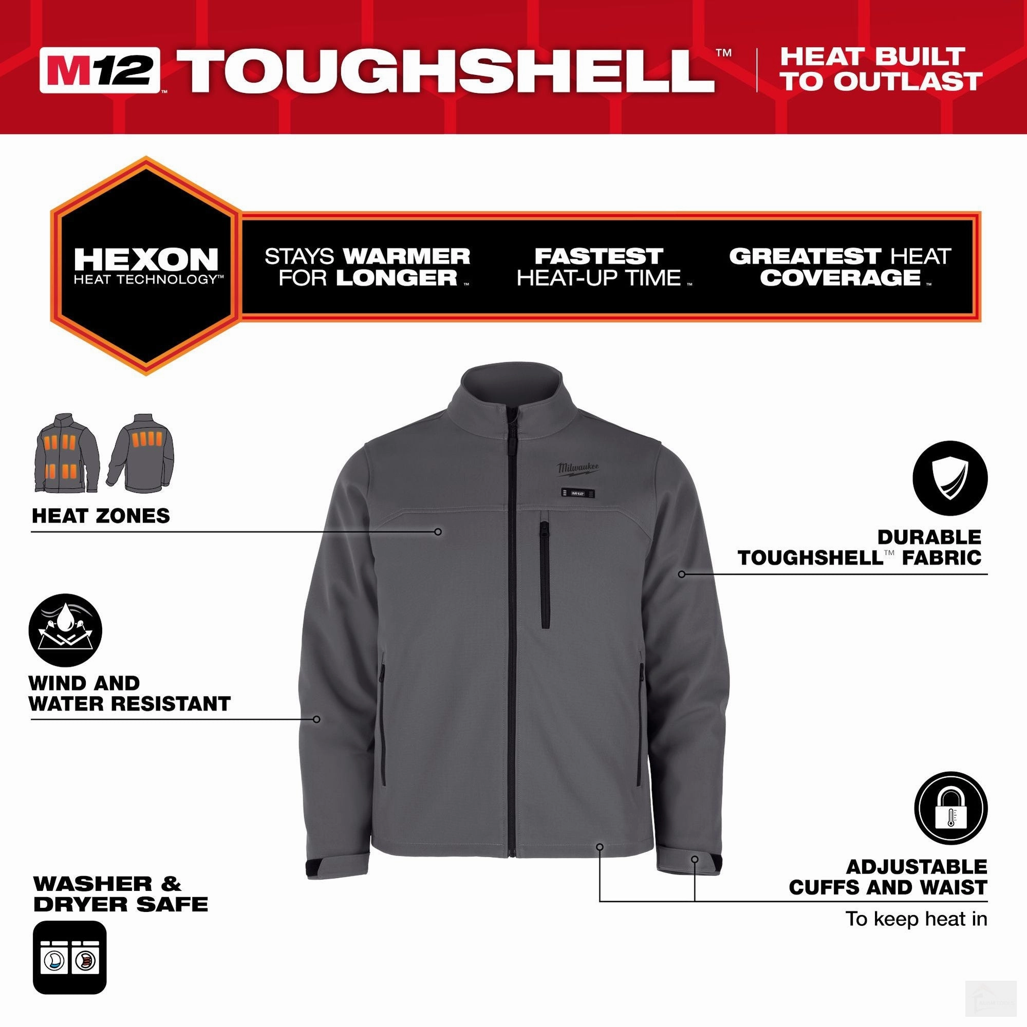 Milwaukee Men's M12 Lithium-Ion Cordless TOUGHSHELL Gray Heated Jacket (Jacket and Charger/Power Source Only) {M100G-20}