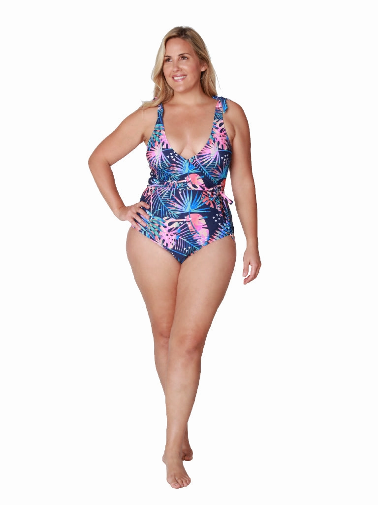Missy Tie shoulder and belted surplice one piece bathing suit in a Botanique pattern.
