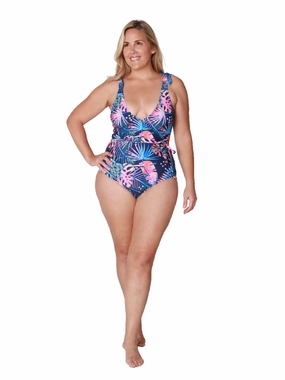 Missy Tie shoulder and belted surplice one piece bathing suit in a Botanique pattern.