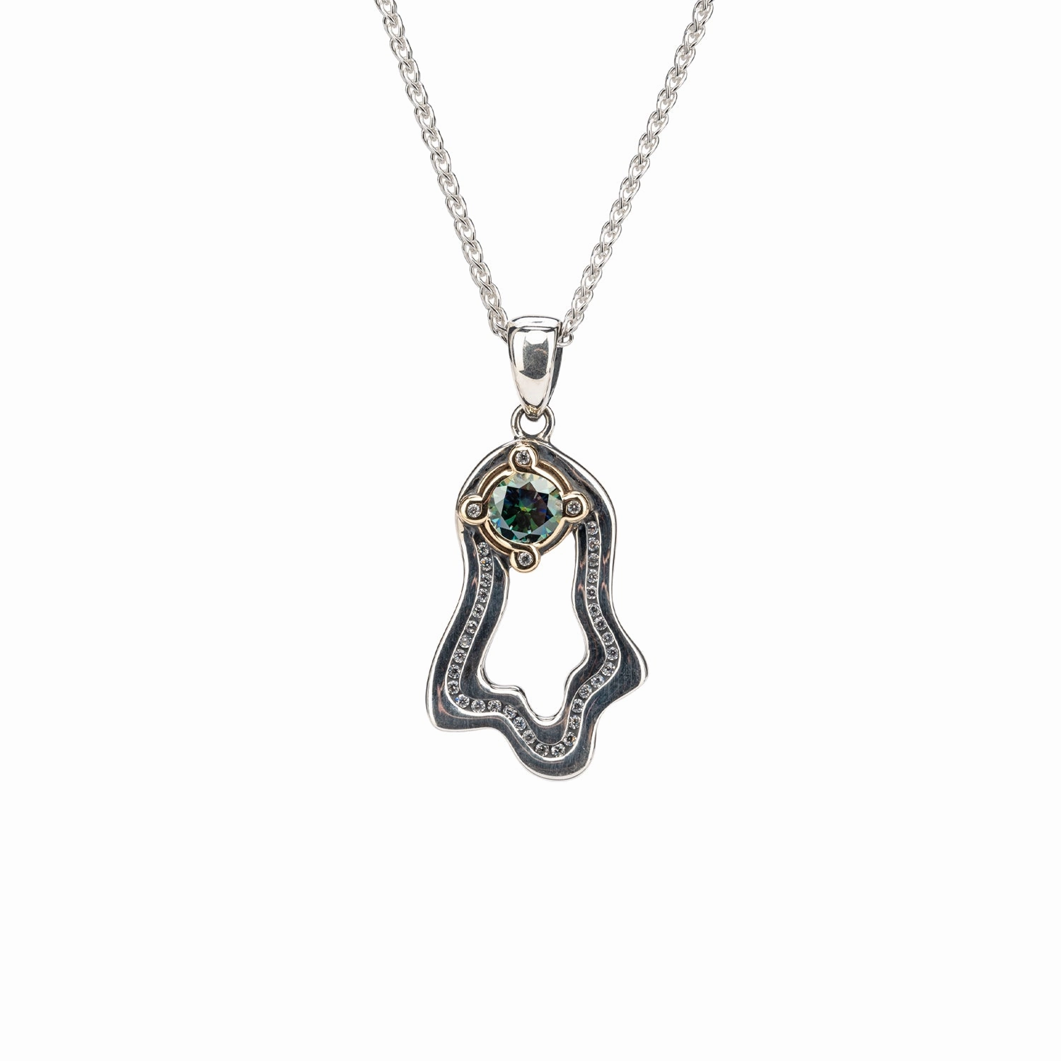 Silver and 10k Gold Rocks 'n Rivers Pendant - Mystic Blue Moissanite