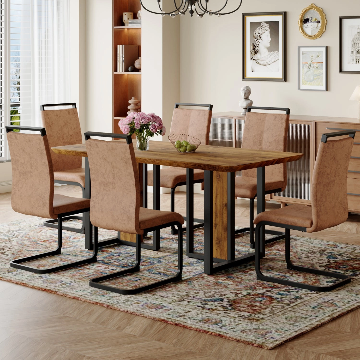 Streamdale 67" Wood Dining Table Set with 6 Brown Chairs