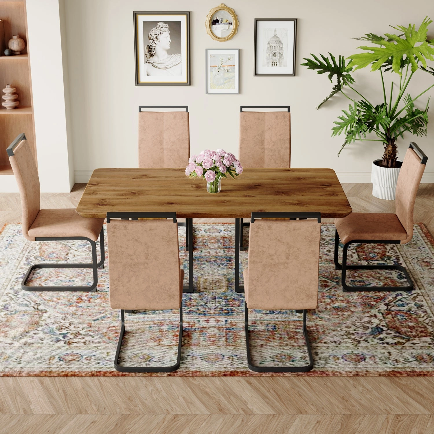 Streamdale 67" Wood Dining Table Set with 6 Brown Chairs
