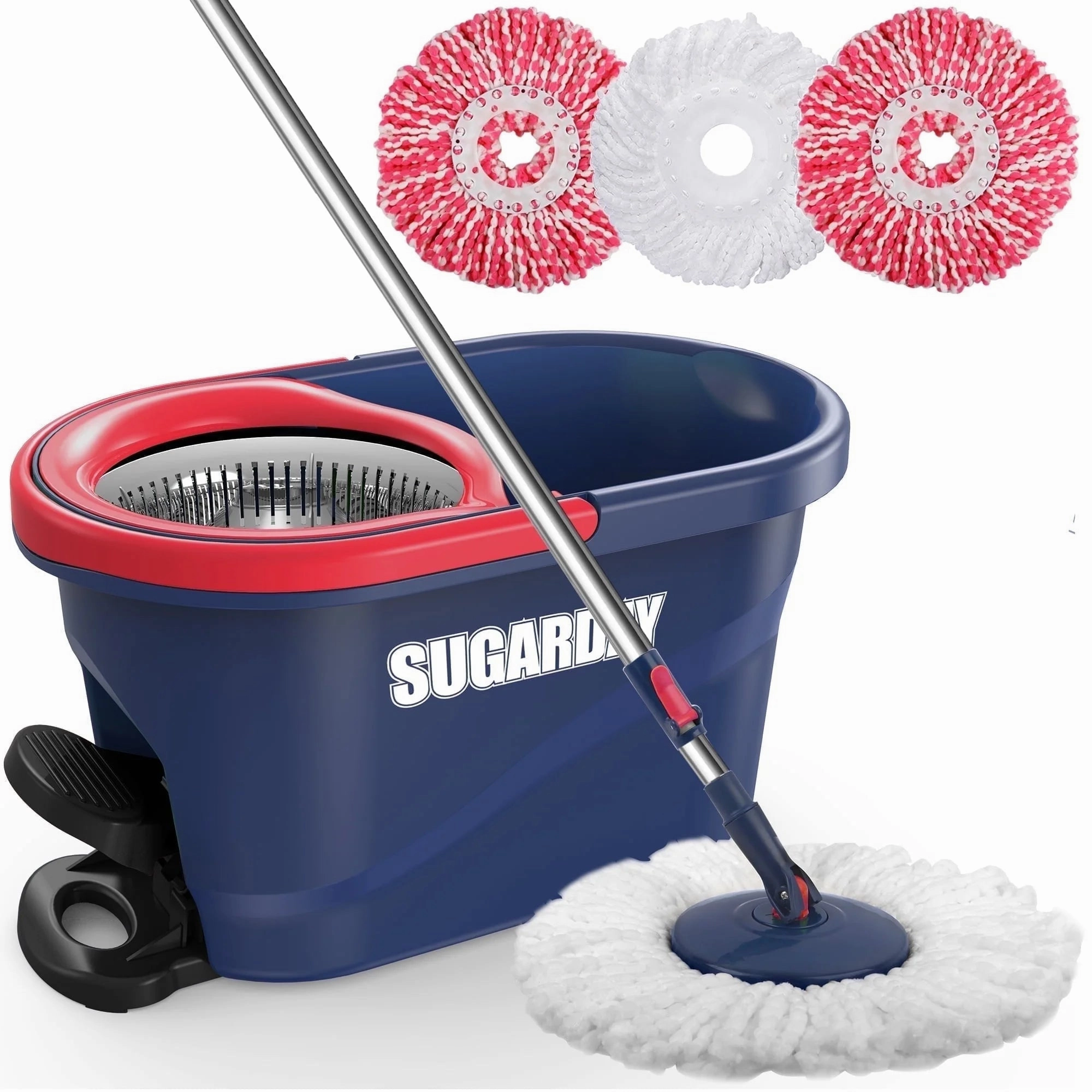 SUGARDAY Spin Mop and Bucket System with Wringer Set for Floors Cleaning, Red