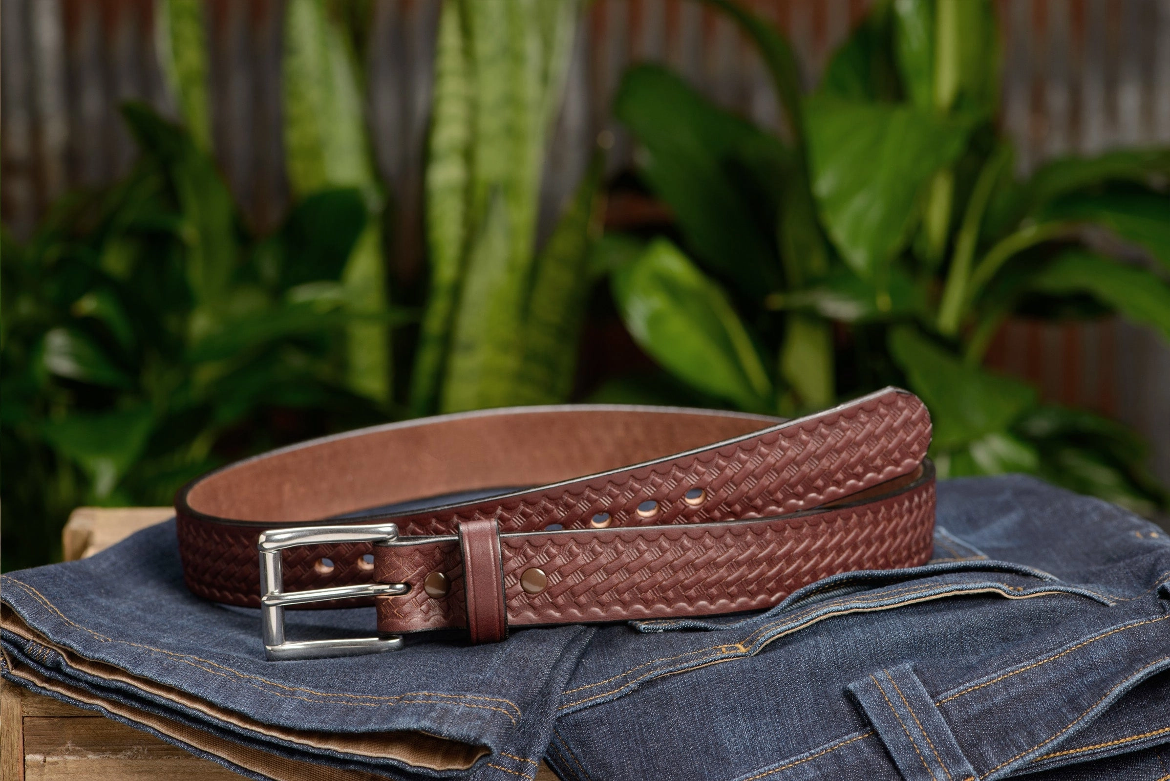 The Eastwood: Men's Brown Basket Weave Leather Belt Max Thick 1.50"
